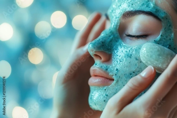 Fototapeta Woman applying a soothing, green facial mask with a jade roller for a relaxing skincare routine.