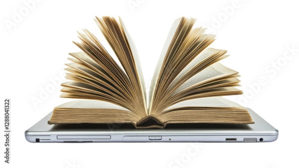 Fototapeta Open book resting on a laptop signifies the blend of traditional and digital learning methods in modern education