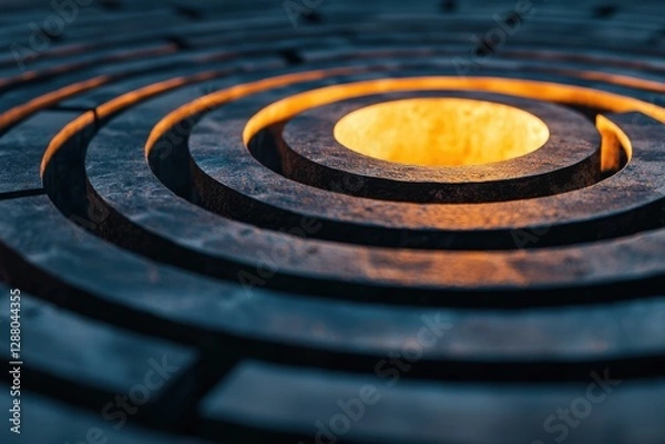 Fototapeta A close-up view of concentric circular patterns, featuring a glowing center that creates a striking contrast against dark stone textures.