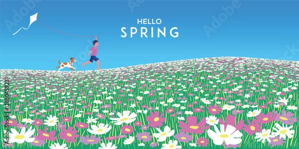 Obraz Hello, spring! Springtime's poster or banner. Vector illustration of nature, landscape, countryside, meadow with spring flowers, boy and dog with a kite. Handmade drawing doodle cartoon.