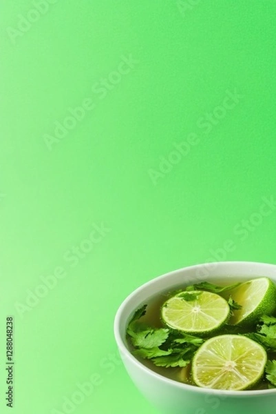 Fototapeta Fresh lime slices float in vibrant green bowl, enhancing refresh