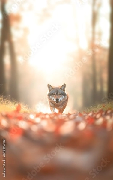 Fototapeta A wolf captured in motion blur, running through a forest with autumn leaves