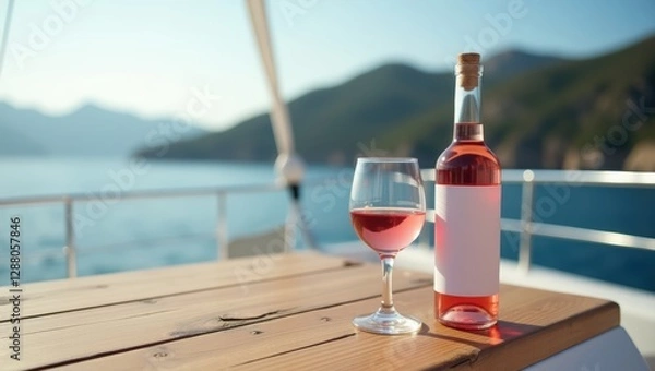 Fototapeta Chilled rosé wine bottle and glass on a yacht with scenic ocean and mountain view

