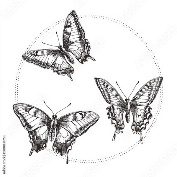 Fototapeta Featuring a modern line art style, this illustration includes a butterfly frame border, a hand-drawn circle wreath drawing, and black outline illustrations of flying insects undergoing metamorphosis