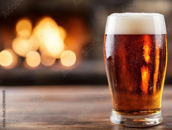Fototapeta Beer Glass with Foam and Reflection in a Warm Environment