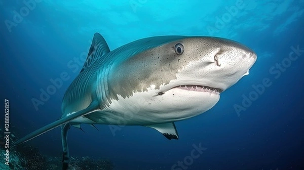 Fototapeta Powerful tiger shark swimming gracefully in clear blue ocean waters during daylight hours