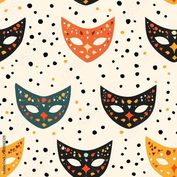 Fototapeta A vibrant pattern featuring colorful masquerade masks on a light background, accented with playful dots.