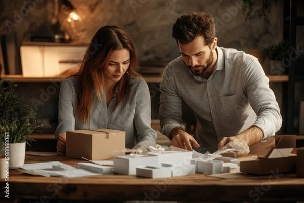 Fototapeta A couple carefully prepares and packs orders for their online business, ensuring each item is neatly arranged and ready for shipment.