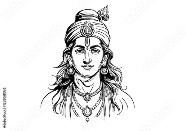 Fototapeta "Black and white illustration of a Hindu deity or prince with traditional jewelry and a peaceful expression."
