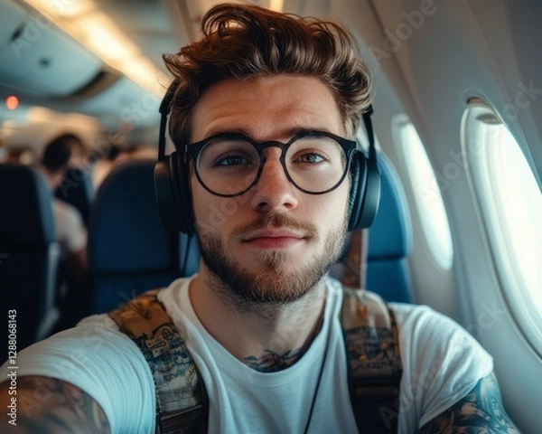 Fototapeta A handsome man with tattoos and headphones takes a selfie on an airplane, looking directly into the camera with intense eyes.