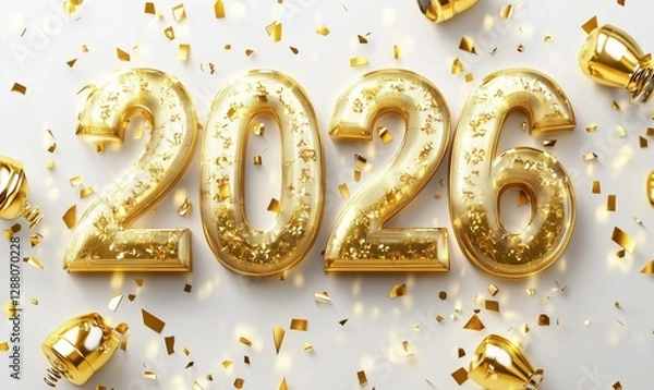 Fototapeta Golden 2026 New Year Celebration with Confetti and Light Bulbs