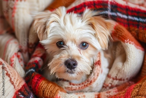 Fototapeta Cozy canine comfort in warm knit blanket. Neural network AI generated