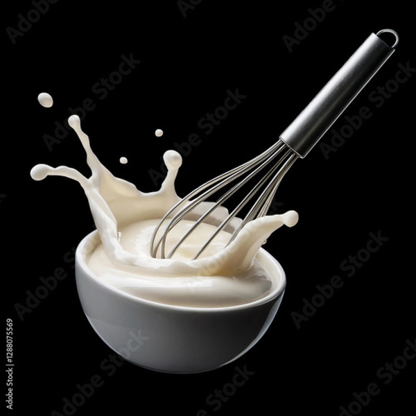 Fototapeta a splash of cream, stirred with a whisk in a bowl floating in the air, isolated on solid black background
