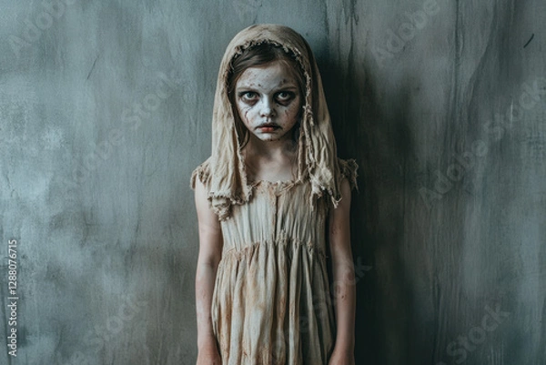 Fototapeta Young child with a distressed expression and eerie makeup poses hauntingly in a dimly lit setting, enhancing a tense atmosphere