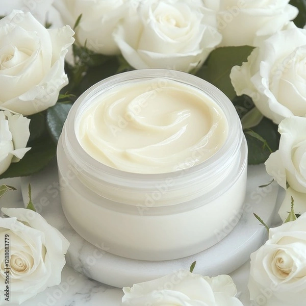 Fototapeta Cream jar surrounded by delicate white roses conveys purity and