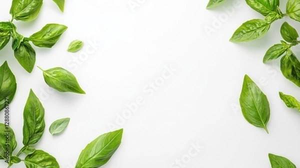 Fototapeta Fresh basil leaf isolated on white background with full depth of field. Top view with copy space for your text. Flat lay