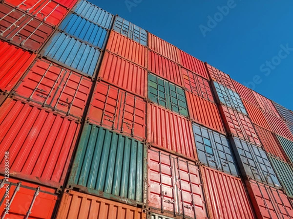 Obraz Low angle view of cargo containers against blue sky