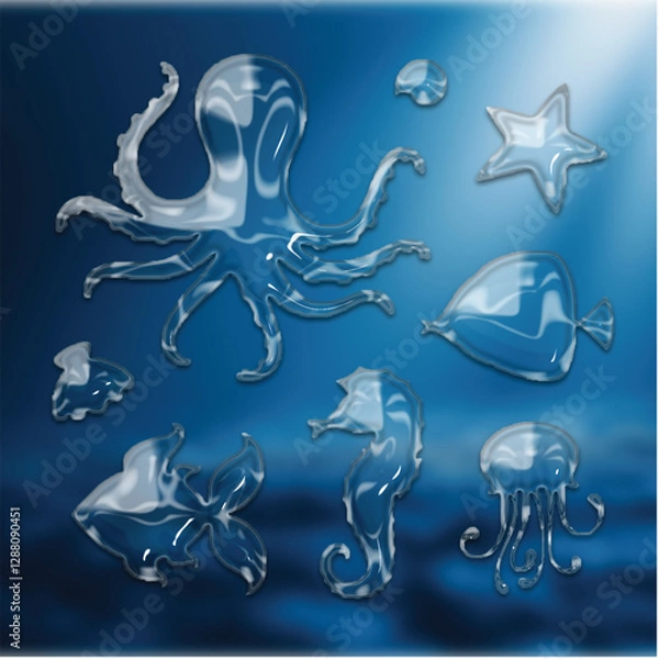 Obraz Transparent Glass Effect Underwater Animals Vector Illustration