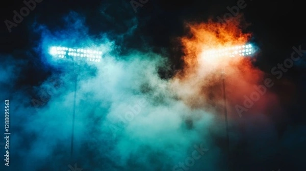 Fototapeta Vibrant stadium lights shine down on a hazy sports arena, creating a dramatic ambiance on a night game, as depicted in digital art