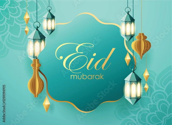 Fototapeta Eid Mubarak Greeting with Hanging Lanterns and Floral Patterns