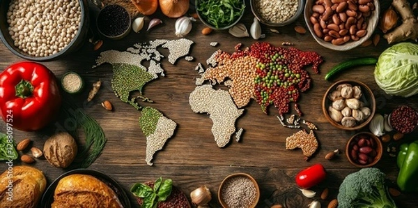 Fototapeta In the middle of the table, a world map is encircled by diverse foods showcasing global cuisines