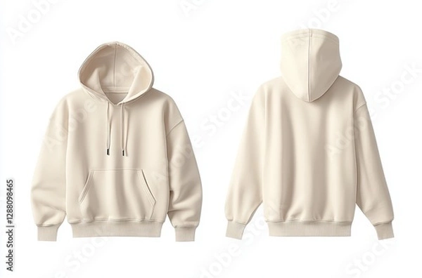 Fototapeta Front and back view of a cream oversized hoodie mockup on a white background, with no text or logo in the center. 