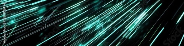 Fototapeta Sleek mint green abstract lines on black background, evoking modern tech designs.