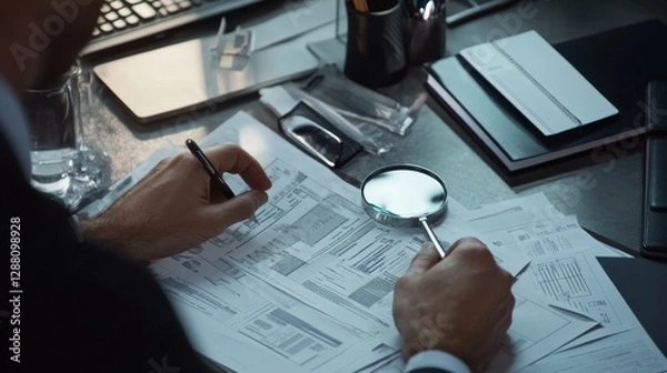 Fototapeta A forensic accountant investigating a complex money laundering case at a desk. Featuring precision and focus