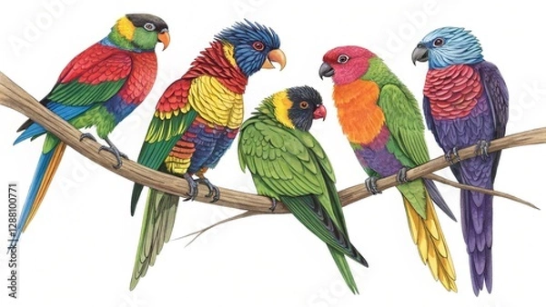 Fototapeta A colorful assembly of macaws, showcasing their diverse and vivid plumage, perched together on rustic branches amidst dense green leaves.  This image highlights the social nature and brilliant colorat