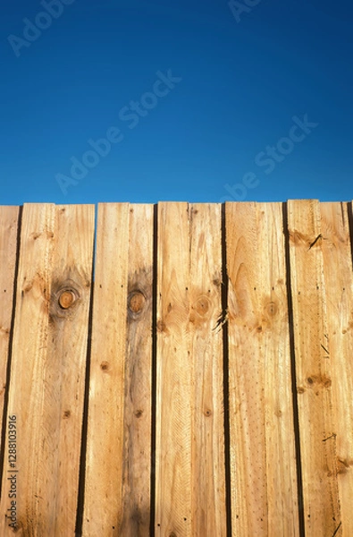 Obraz Rough wooden timber fence planks against a clear blue sky