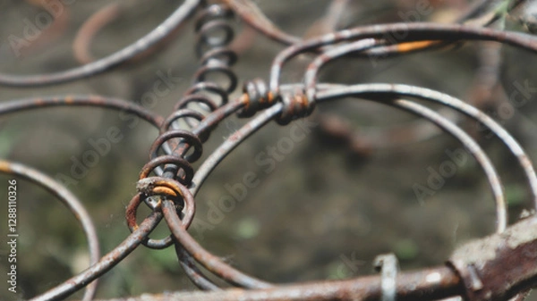 Fototapeta Rusty metal springs intertwined, showcasing the intricate details and textures of aged