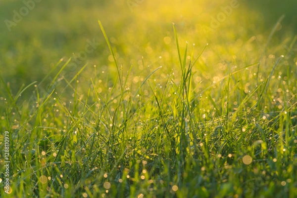 Fototapeta View of dew-covered grass blades shining in the gentle sunlight, capturing the tranquility and freshness of nature. High quality photo