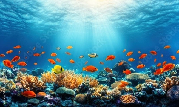 Fototapeta Underwater Scene in Pristine Coral Reef with Colorful Fish and Sunbeams