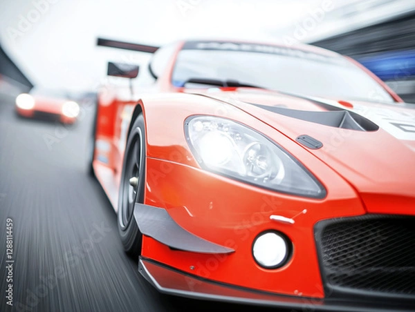 Fototapeta Close up of red racing car speeding on track with headlights on