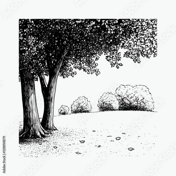 Obraz black and white vector line drawing, trees in extremely fine detail