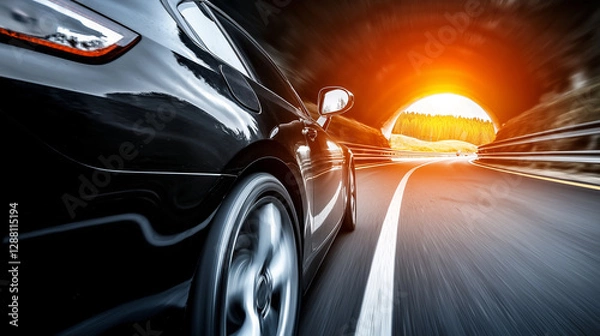 Fototapeta sleek car speeds through tunnel, with sunlight glowing at exit