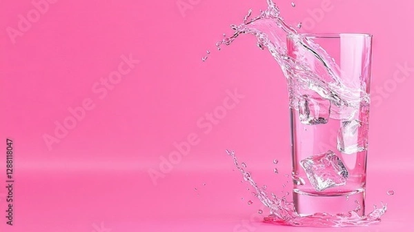 Fototapeta   A glass of water filled with ice, viewed from an angle with a splash of water in the foreground on a pink background