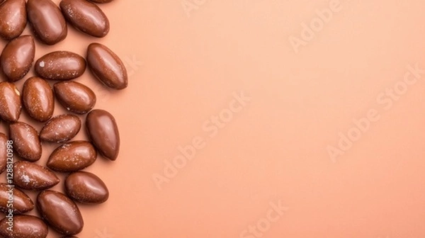 Fototapeta Brown coffee beans scattered on soft peach background, creating