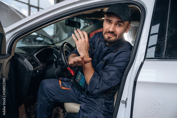 Fototapeta This doesn't work, hands crossed. Mechanic is in a car service station