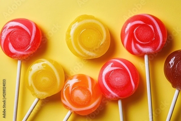Fototapeta Bright, colorful lollipops arranged playfully against sunny yell