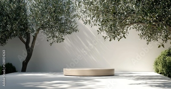 Fototapeta A wooden round tray podium sits on a white glossy table counter in sunlight with a green tree twig, creating a leaf shadow against the wall for a luxury beauty display background that evokes organic