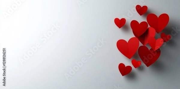 Fototapeta Valentine's Day is represented by isolated red paper hearts on a transparent background