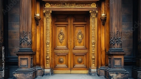 Obraz A grand double door with intricate golden carvings, framed by rich wooden panels and ornate details, inviting entry into a world of luxury and elegance