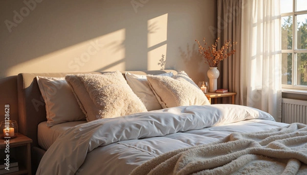 Obraz A cozy, sunlit bedroom with a neatly made bed, symbolizing the importance of rest and recovery in strengthening the immune system during spring flu season.