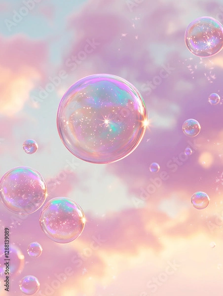 Fototapeta Pastel pink bubbles background of  whimsical and dreamy depiction of floating soap bubbles against a pastel colored sky