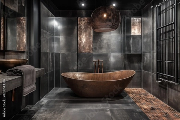 Obraz Luxury Bathroom: This image showcases an opulent bathroom, featuring a copper bathtub, dark tiles, and sophisticated lighting, creating a serene and luxurious atmosphere.