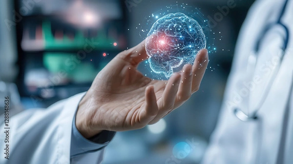 Fototapeta doctor holds digital representation of brain, symbolizing advanced AI powered diagnostic technology in healthcare. image highlights innovation in medical science and technology