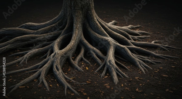 Fototapeta Tree roots intertwined supporting each other in ground