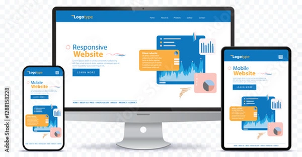 Fototapeta Responsive Website Design With Desktop Computer Screen, Mobile Phone and Tablet PC Vector Illustration.