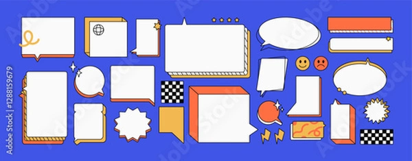 Obraz Set of speech bubbles in retro style. Talk clouds, text boxes, chat balloons, groovy messages. Conversation, dialogue frames with different geometric shapes. Flat isolated vector illustrations